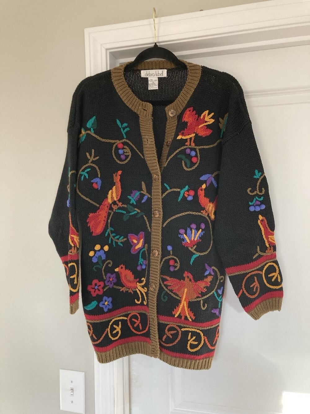 Vintage 1993 Debra Lubell Embroidered Bird Colorful Sweater Cardigan Size M